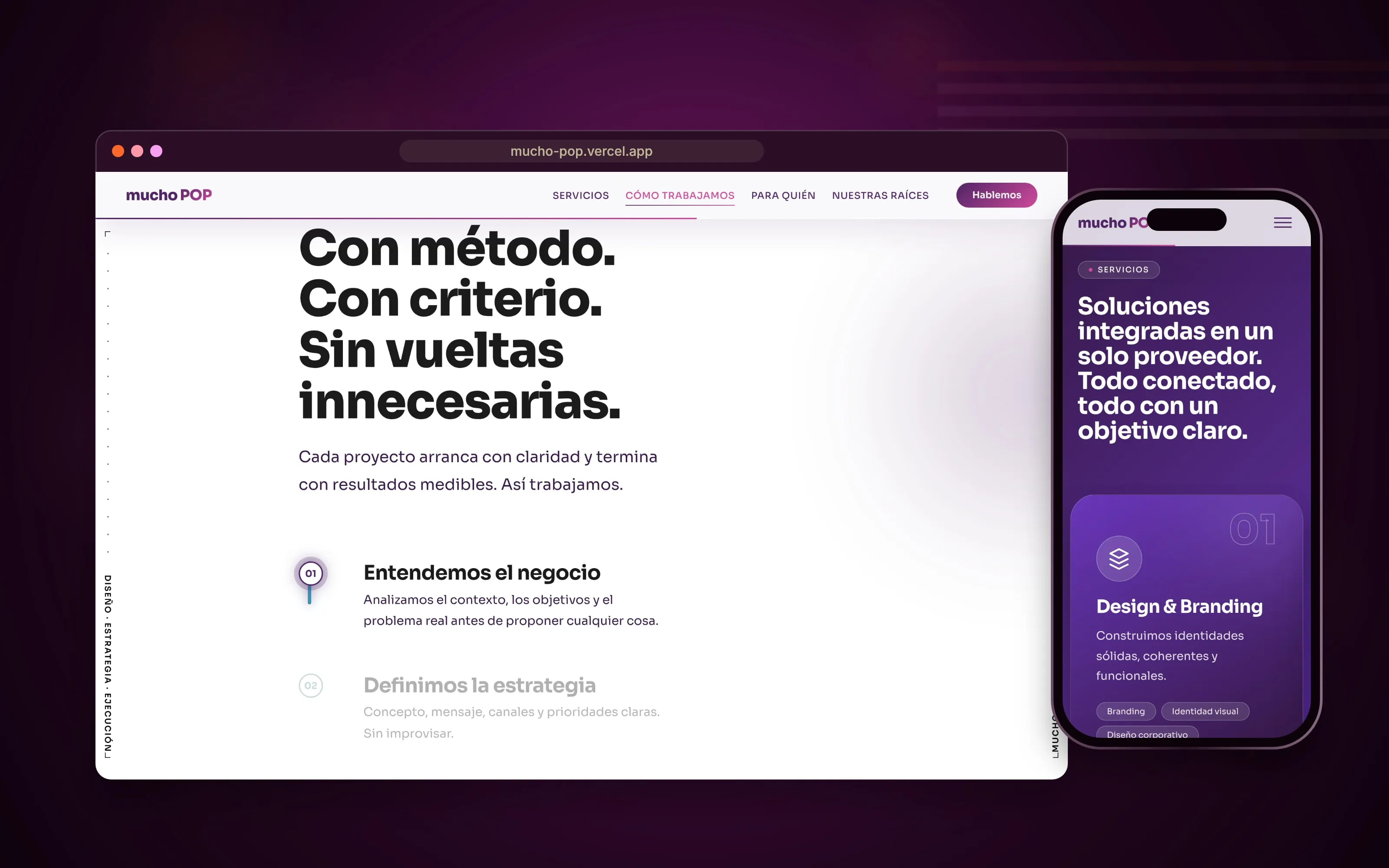 Web de una agencia de servicios creativos, en escritorio y móvil
